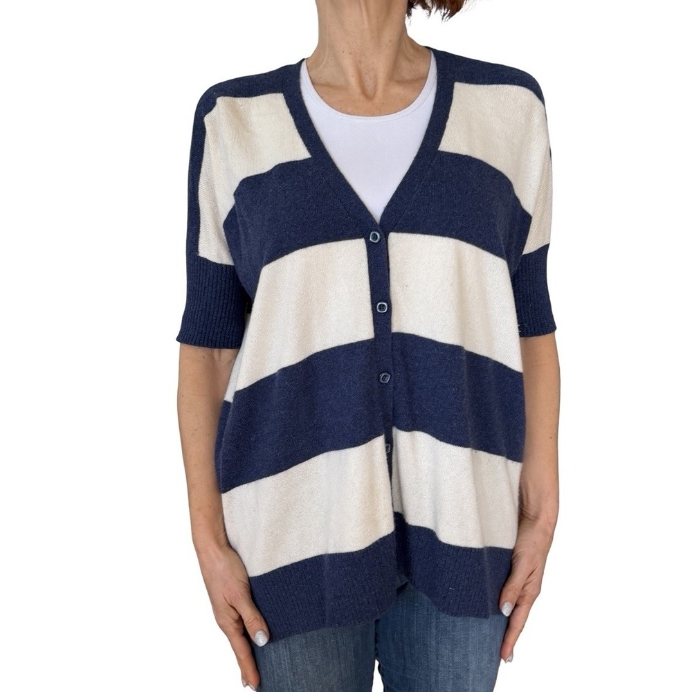Wythe NY Cashmere Luxury Cardigan Sweater Dolman Short Sleeve Stripe Blue S